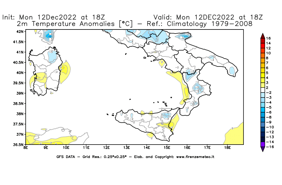 Mappa di analisi GFS - Anomalia Temperatura [°C] a 2 m in Sud-Italia
							del 12/12/2022 18 <!--googleoff: index-->UTC<!--googleon: index-->