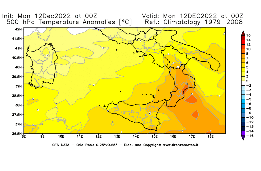 Mappa di analisi GFS - Anomalia Temperatura [°C] a 500 hPa in Sud-Italia
							del 12/12/2022 00 <!--googleoff: index-->UTC<!--googleon: index-->