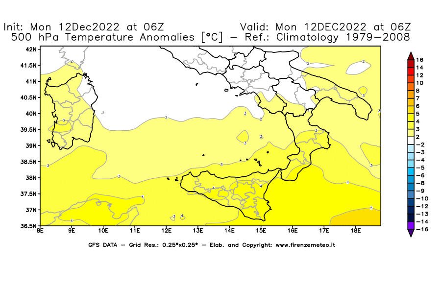 Mappa di analisi GFS - Anomalia Temperatura [°C] a 500 hPa in Sud-Italia
							del 12/12/2022 06 <!--googleoff: index-->UTC<!--googleon: index-->