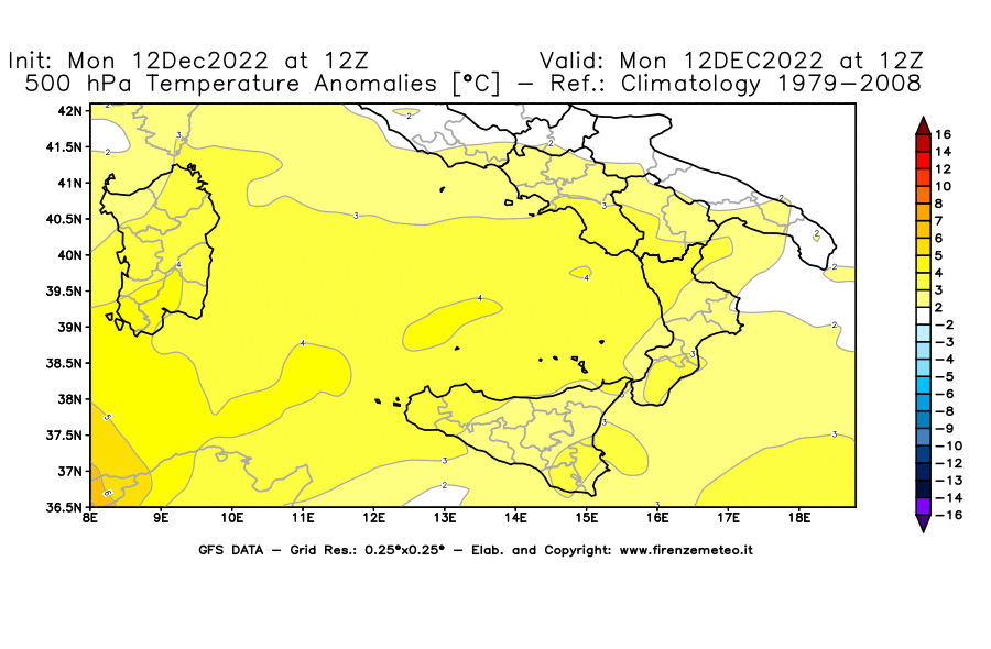 Mappa di analisi GFS - Anomalia Temperatura [°C] a 500 hPa in Sud-Italia
							del 12/12/2022 12 <!--googleoff: index-->UTC<!--googleon: index-->