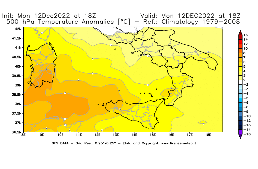 Mappa di analisi GFS - Anomalia Temperatura [°C] a 500 hPa in Sud-Italia
							del 12/12/2022 18 <!--googleoff: index-->UTC<!--googleon: index-->