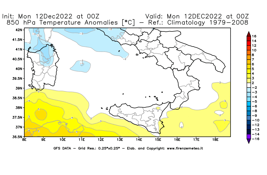 Mappa di analisi GFS - Anomalia Temperatura [°C] a 850 hPa in Sud-Italia
							del 12/12/2022 00 <!--googleoff: index-->UTC<!--googleon: index-->