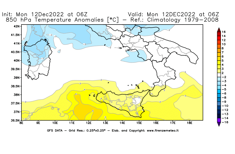 Mappa di analisi GFS - Anomalia Temperatura [°C] a 850 hPa in Sud-Italia
							del 12/12/2022 06 <!--googleoff: index-->UTC<!--googleon: index-->