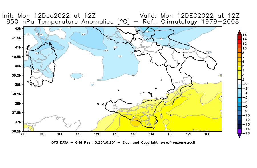 Mappa di analisi GFS - Anomalia Temperatura [°C] a 850 hPa in Sud-Italia
							del 12/12/2022 12 <!--googleoff: index-->UTC<!--googleon: index-->