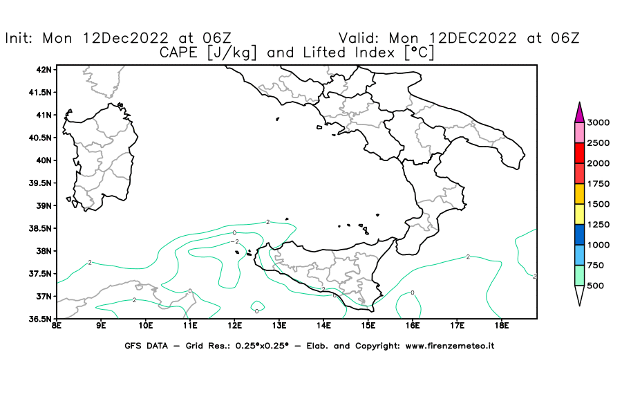 Mappa di analisi GFS - CAPE [J/kg] e Lifted Index [°C] in Sud-Italia
							del 12/12/2022 06 <!--googleoff: index-->UTC<!--googleon: index-->