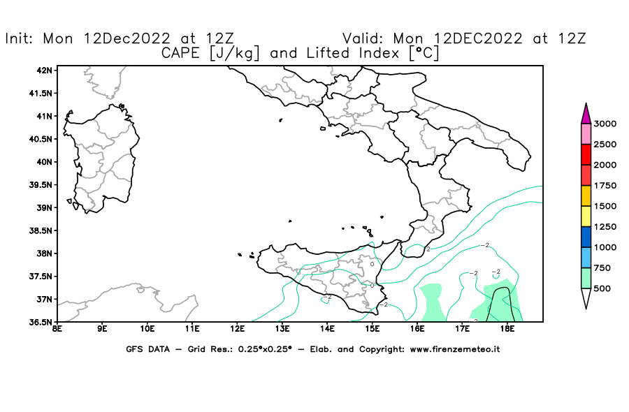Mappa di analisi GFS - CAPE [J/kg] e Lifted Index [°C] in Sud-Italia
							del 12/12/2022 12 <!--googleoff: index-->UTC<!--googleon: index-->
