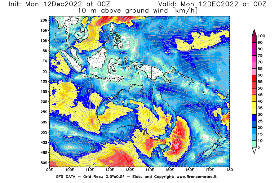 Mappa di analisi GFS - Velocità del vento a 10 metri dal suolo [km/h] in Oceania
							del 12/12/2022 00 <!--googleoff: index-->UTC<!--googleon: index-->