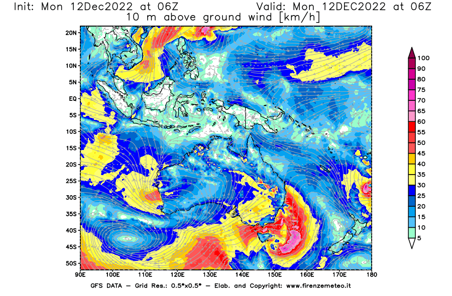 Mappa di analisi GFS - Velocità del vento a 10 metri dal suolo [km/h] in Oceania
							del 12/12/2022 06 <!--googleoff: index-->UTC<!--googleon: index-->