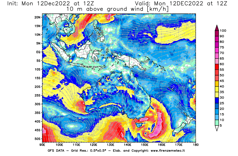 Mappa di analisi GFS - Velocità del vento a 10 metri dal suolo [km/h] in Oceania
							del 12/12/2022 12 <!--googleoff: index-->UTC<!--googleon: index-->