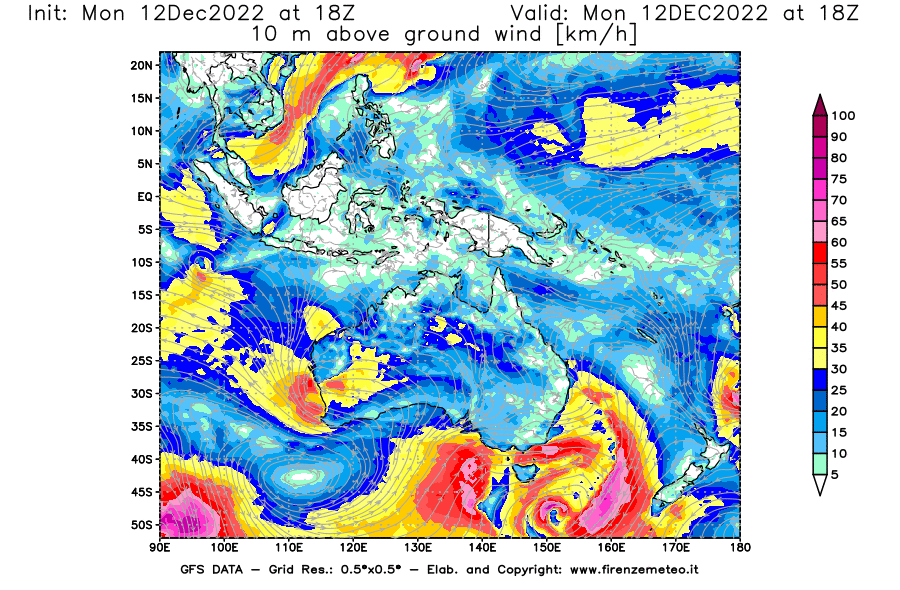 Mappa di analisi GFS - Velocità del vento a 10 metri dal suolo [km/h] in Oceania
							del 12/12/2022 18 <!--googleoff: index-->UTC<!--googleon: index-->