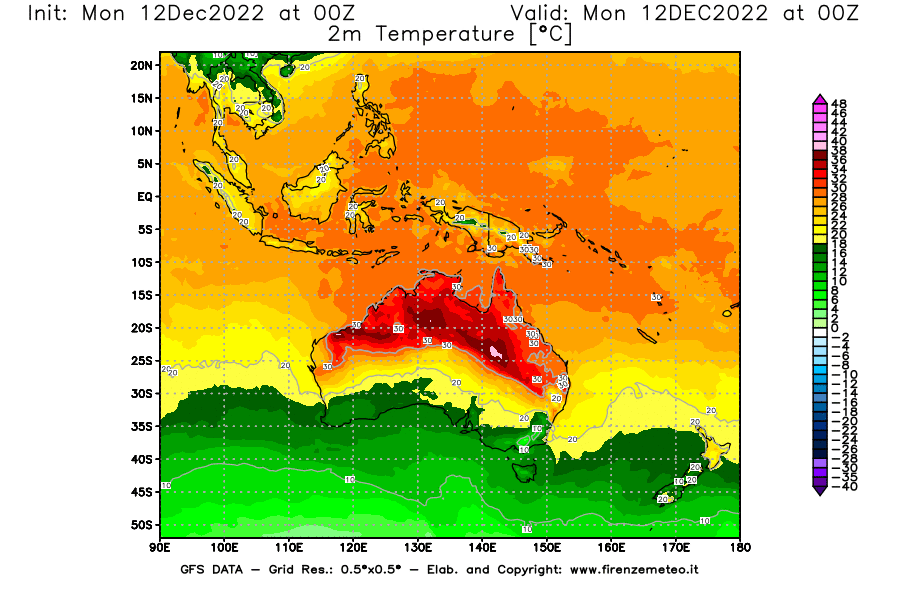 Mappa di analisi GFS - Temperatura a 2 metri dal suolo [°C] in Oceania
							del 12/12/2022 00 <!--googleoff: index-->UTC<!--googleon: index-->