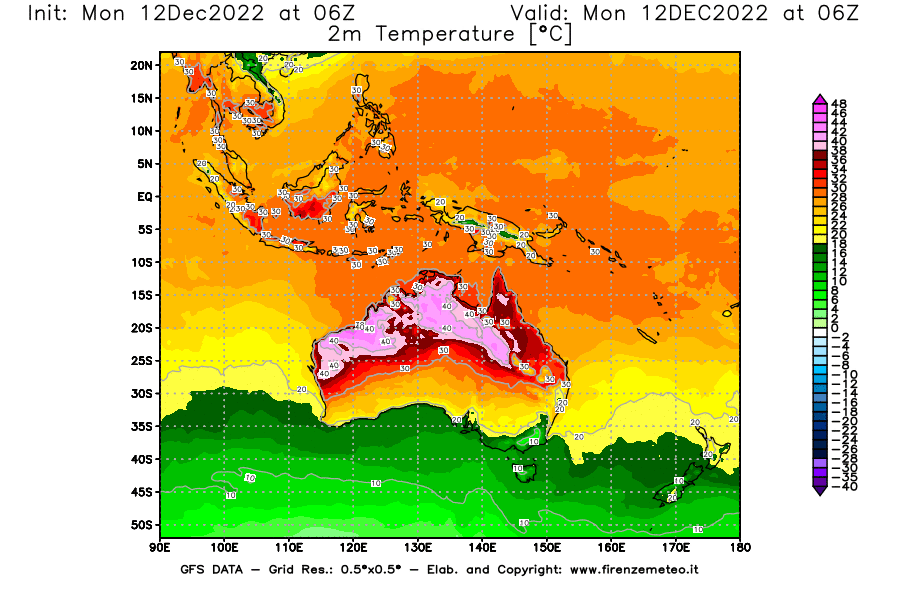 Mappa di analisi GFS - Temperatura a 2 metri dal suolo [°C] in Oceania
							del 12/12/2022 06 <!--googleoff: index-->UTC<!--googleon: index-->