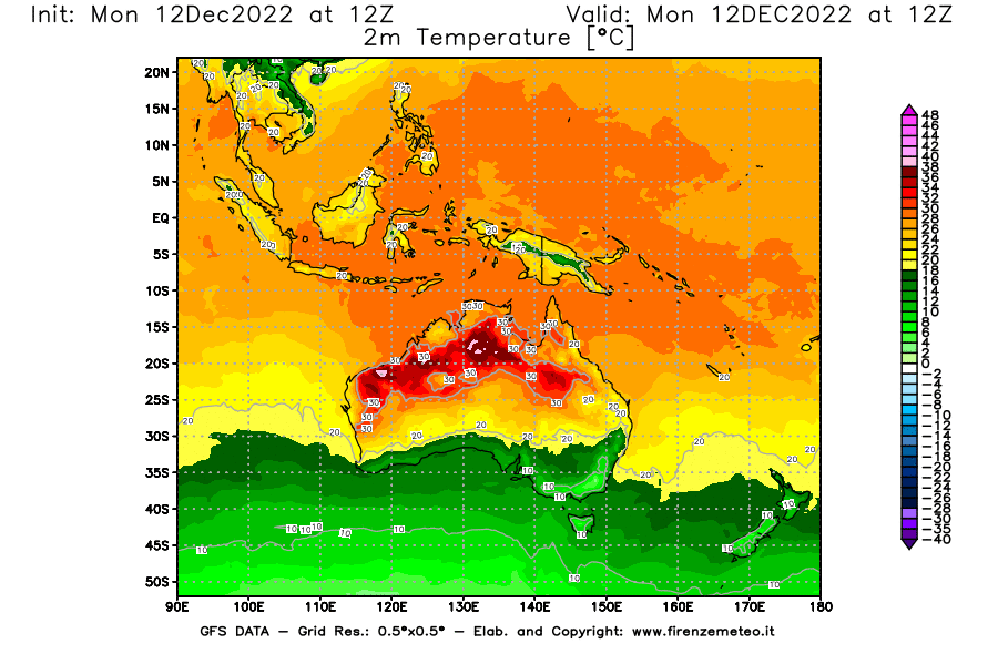 Mappa di analisi GFS - Temperatura a 2 metri dal suolo [°C] in Oceania
							del 12/12/2022 12 <!--googleoff: index-->UTC<!--googleon: index-->