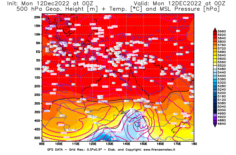 Mappa di analisi GFS - Geopotenziale [m] + Temp. [°C] a 500 hPa + Press. a livello del mare [hPa] in Oceania
							del 12/12/2022 00 <!--googleoff: index-->UTC<!--googleon: index-->