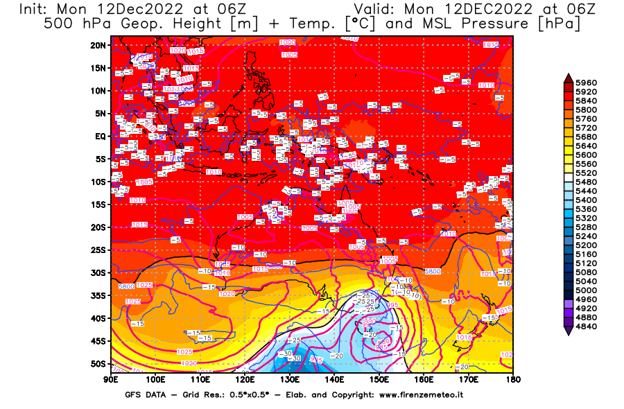 Mappa di analisi GFS - Geopotenziale [m] + Temp. [°C] a 500 hPa + Press. a livello del mare [hPa] in Oceania
							del 12/12/2022 06 <!--googleoff: index-->UTC<!--googleon: index-->