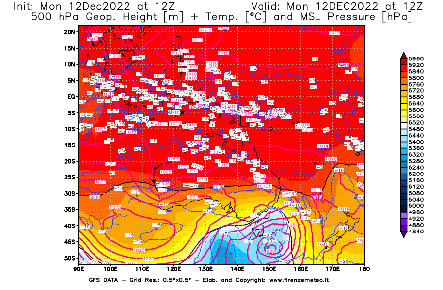 Mappa di analisi GFS - Geopotenziale [m] + Temp. [°C] a 500 hPa + Press. a livello del mare [hPa] in Oceania
							del 12/12/2022 12 <!--googleoff: index-->UTC<!--googleon: index-->