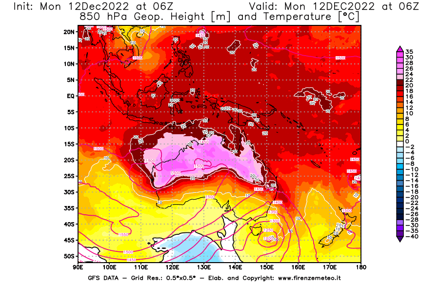 Mappa di analisi GFS - Geopotenziale [m] e Temperatura [°C] a 850 hPa in Oceania
							del 12/12/2022 06 <!--googleoff: index-->UTC<!--googleon: index-->