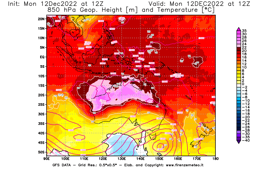 Mappa di analisi GFS - Geopotenziale [m] e Temperatura [°C] a 850 hPa in Oceania
							del 12/12/2022 12 <!--googleoff: index-->UTC<!--googleon: index-->