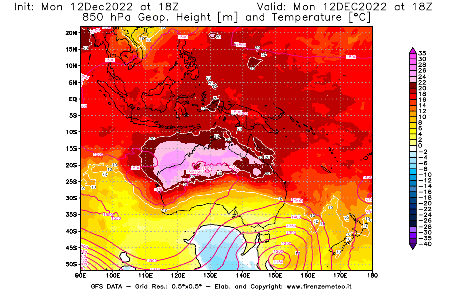 Mappa di analisi GFS - Geopotenziale [m] e Temperatura [°C] a 850 hPa in Oceania
							del 12/12/2022 18 <!--googleoff: index-->UTC<!--googleon: index-->