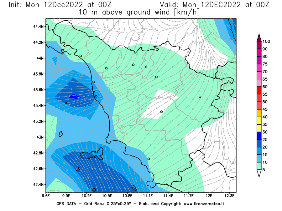 Mappa di analisi GFS - Velocità del vento a 10 metri dal suolo [km/h] in Toscana
							del 12/12/2022 00 <!--googleoff: index-->UTC<!--googleon: index-->