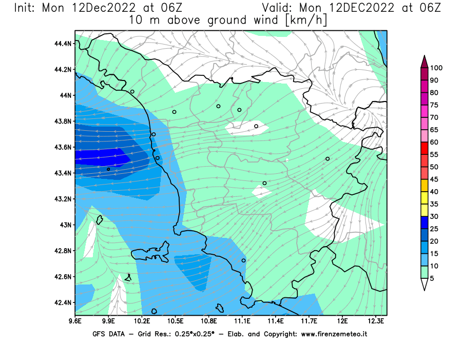Mappa di analisi GFS - Velocità del vento a 10 metri dal suolo [km/h] in Toscana
							del 12/12/2022 06 <!--googleoff: index-->UTC<!--googleon: index-->