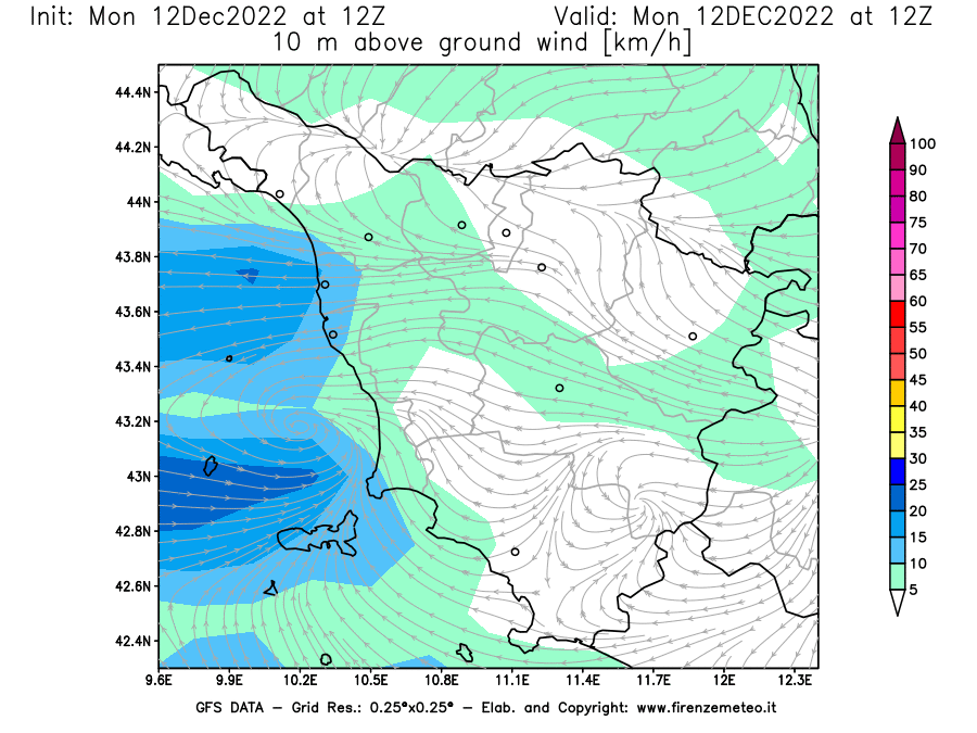 Mappa di analisi GFS - Velocità del vento a 10 metri dal suolo [km/h] in Toscana
							del 12/12/2022 12 <!--googleoff: index-->UTC<!--googleon: index-->