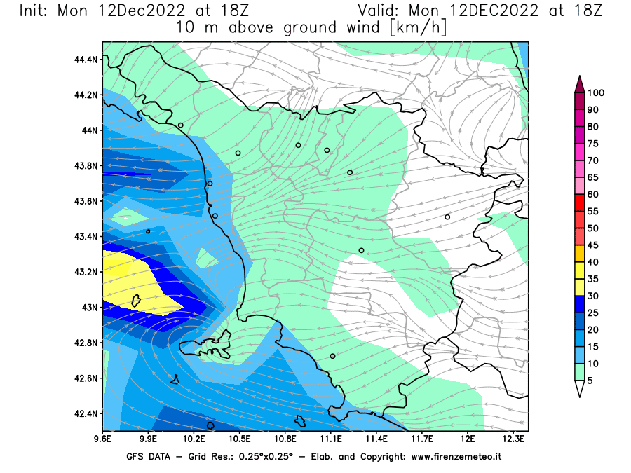 Mappa di analisi GFS - Velocità del vento a 10 metri dal suolo [km/h] in Toscana
							del 12/12/2022 18 <!--googleoff: index-->UTC<!--googleon: index-->