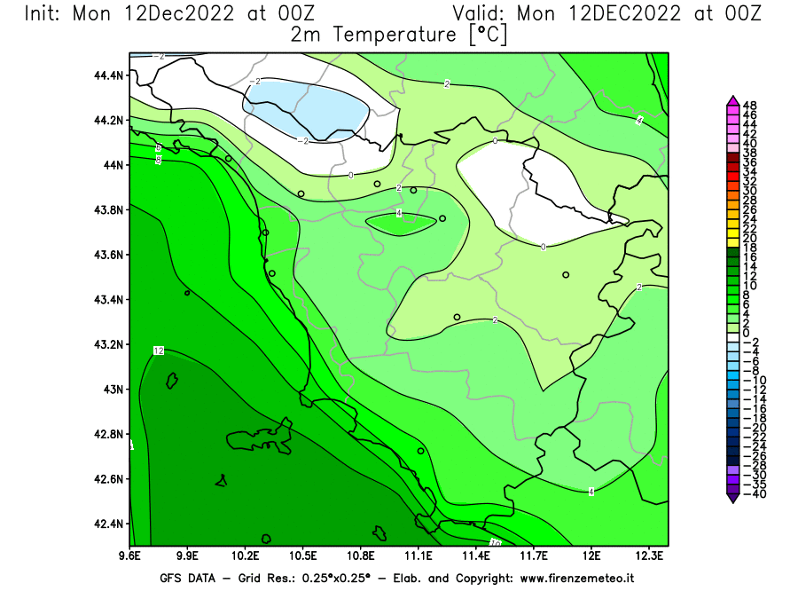 Mappa di analisi GFS - Temperatura a 2 metri dal suolo [°C] in Toscana
							del 12/12/2022 00 <!--googleoff: index-->UTC<!--googleon: index-->