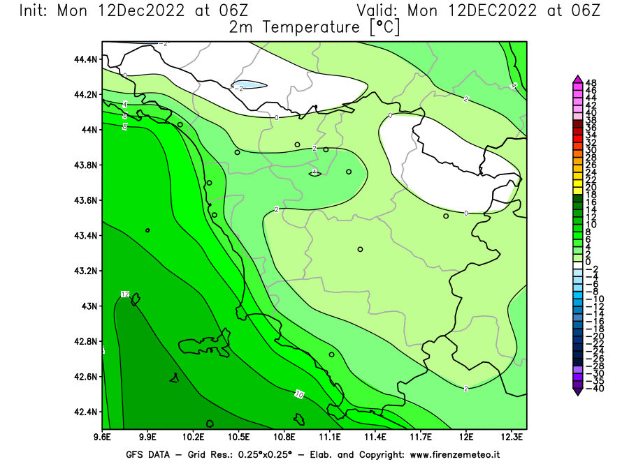 Mappa di analisi GFS - Temperatura a 2 metri dal suolo [°C] in Toscana
							del 12/12/2022 06 <!--googleoff: index-->UTC<!--googleon: index-->