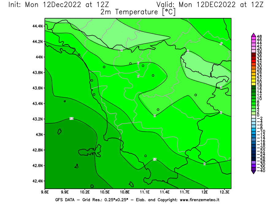 Mappa di analisi GFS - Temperatura a 2 metri dal suolo [°C] in Toscana
							del 12/12/2022 12 <!--googleoff: index-->UTC<!--googleon: index-->