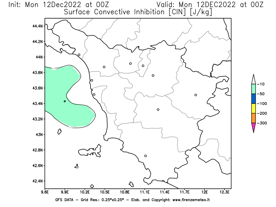 Mappa di analisi GFS - CIN [J/kg] in Toscana
							del 12/12/2022 00 <!--googleoff: index-->UTC<!--googleon: index-->