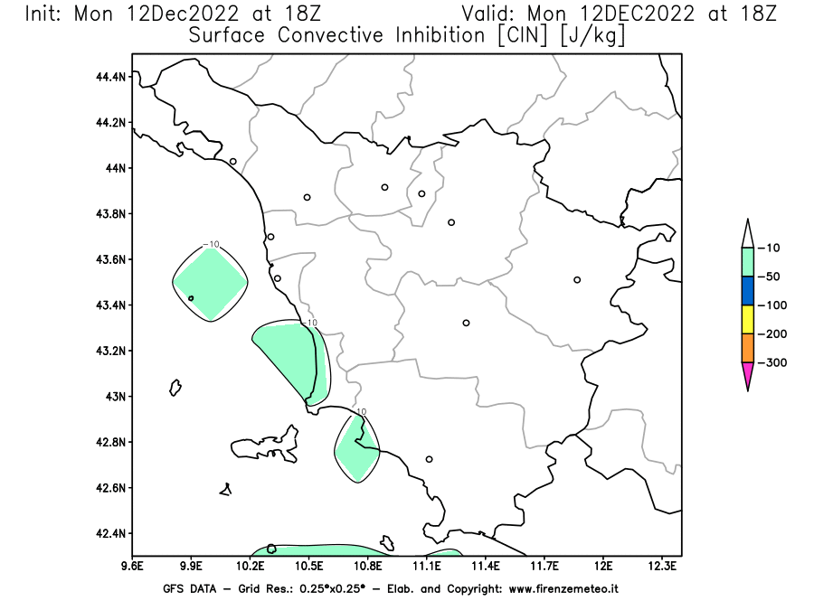 Mappa di analisi GFS - CIN [J/kg] in Toscana
							del 12/12/2022 18 <!--googleoff: index-->UTC<!--googleon: index-->