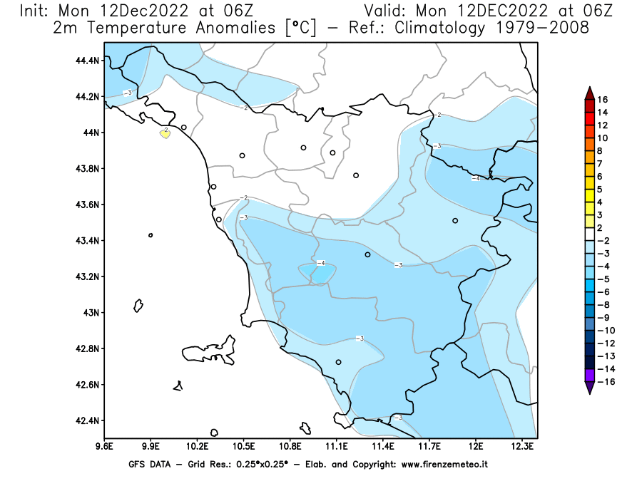 Mappa di analisi GFS - Anomalia Temperatura [°C] a 2 m in Toscana
							del 12/12/2022 06 <!--googleoff: index-->UTC<!--googleon: index-->