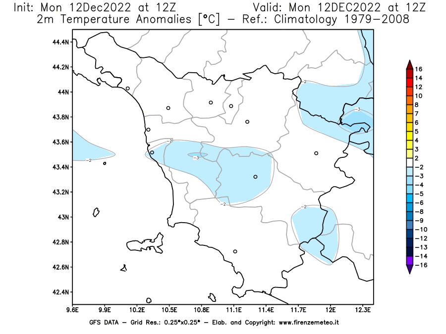 Mappa di analisi GFS - Anomalia Temperatura [°C] a 2 m in Toscana
							del 12/12/2022 12 <!--googleoff: index-->UTC<!--googleon: index-->