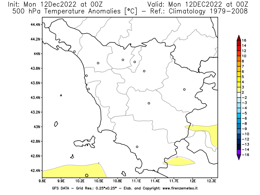 Mappa di analisi GFS - Anomalia Temperatura [°C] a 500 hPa in Toscana
							del 12/12/2022 00 <!--googleoff: index-->UTC<!--googleon: index-->