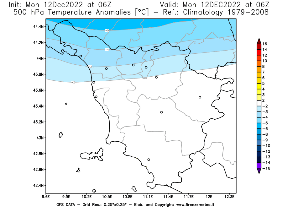 Mappa di analisi GFS - Anomalia Temperatura [°C] a 500 hPa in Toscana
							del 12/12/2022 06 <!--googleoff: index-->UTC<!--googleon: index-->