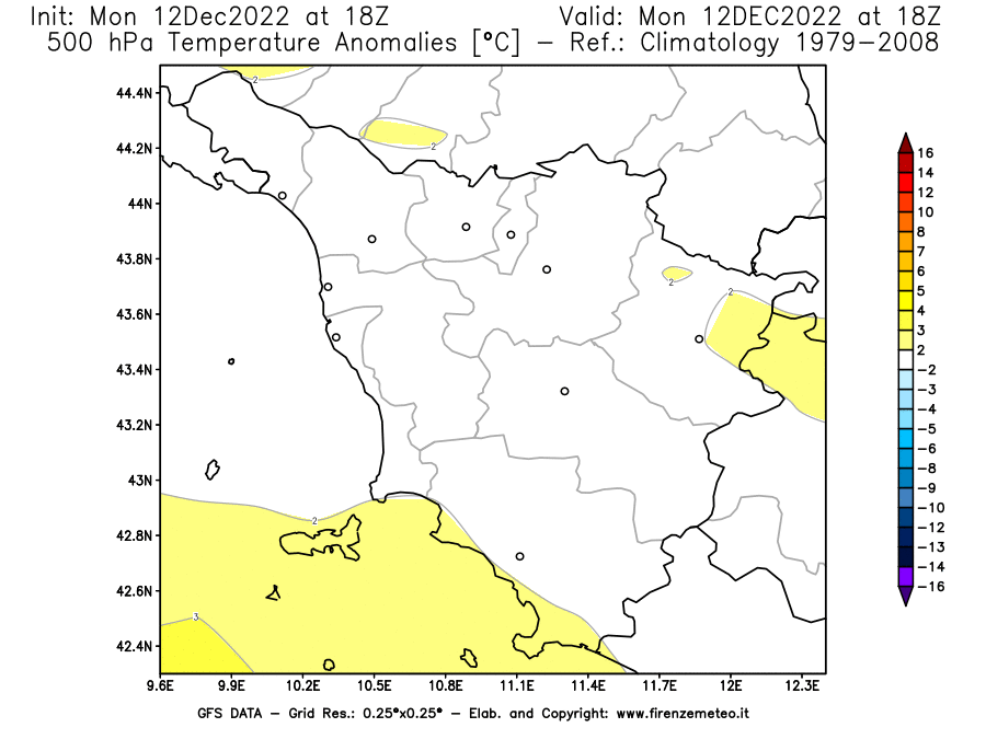 Mappa di analisi GFS - Anomalia Temperatura [°C] a 500 hPa in Toscana
							del 12/12/2022 18 <!--googleoff: index-->UTC<!--googleon: index-->