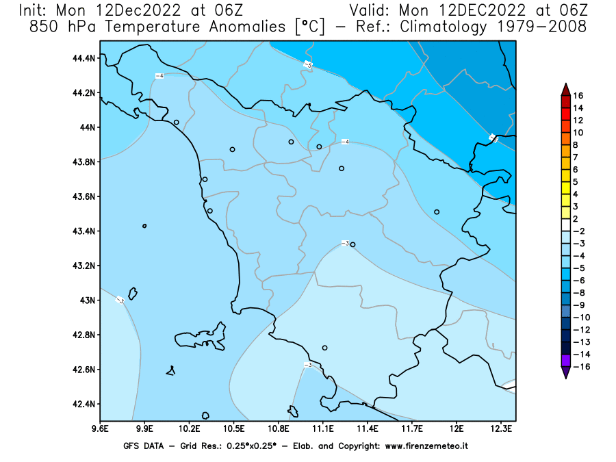 Mappa di analisi GFS - Anomalia Temperatura [°C] a 850 hPa in Toscana
							del 12/12/2022 06 <!--googleoff: index-->UTC<!--googleon: index-->