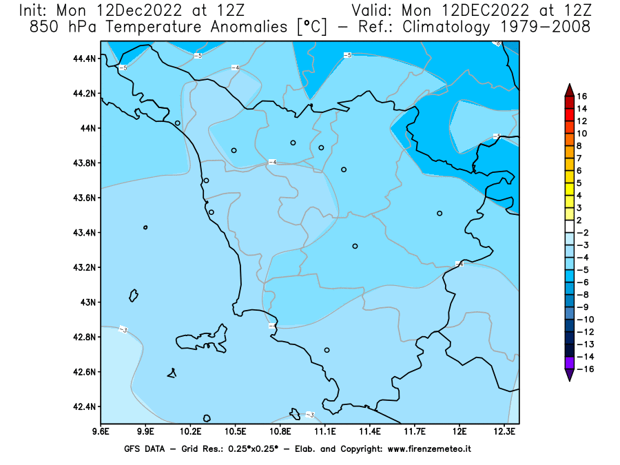 Mappa di analisi GFS - Anomalia Temperatura [°C] a 850 hPa in Toscana
							del 12/12/2022 12 <!--googleoff: index-->UTC<!--googleon: index-->