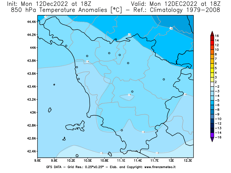 Mappa di analisi GFS - Anomalia Temperatura [°C] a 850 hPa in Toscana
							del 12/12/2022 18 <!--googleoff: index-->UTC<!--googleon: index-->