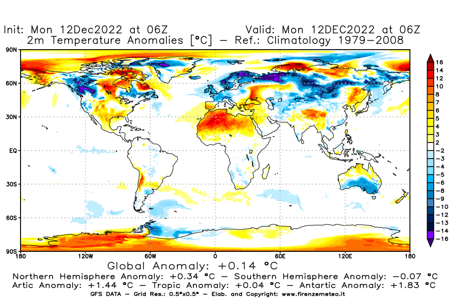 Mappa di analisi GFS - Anomalia Temperatura [°C] a 2 m in World
							del 12/12/2022 06 <!--googleoff: index-->UTC<!--googleon: index-->
