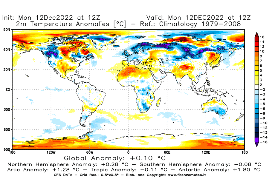 Mappa di analisi GFS - Anomalia Temperatura [°C] a 2 m in World
							del 12/12/2022 12 <!--googleoff: index-->UTC<!--googleon: index-->