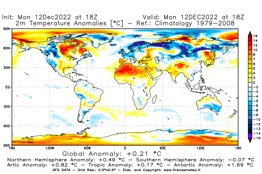 Mappa di analisi GFS - Anomalia Temperatura [°C] a 2 m in World
							del 12/12/2022 18 <!--googleoff: index-->UTC<!--googleon: index-->