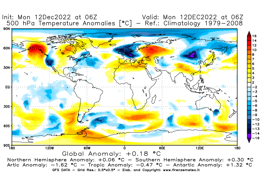 Mappa di analisi GFS - Anomalia Temperatura [°C] a 500 hPa in World
							del 12/12/2022 06 <!--googleoff: index-->UTC<!--googleon: index-->