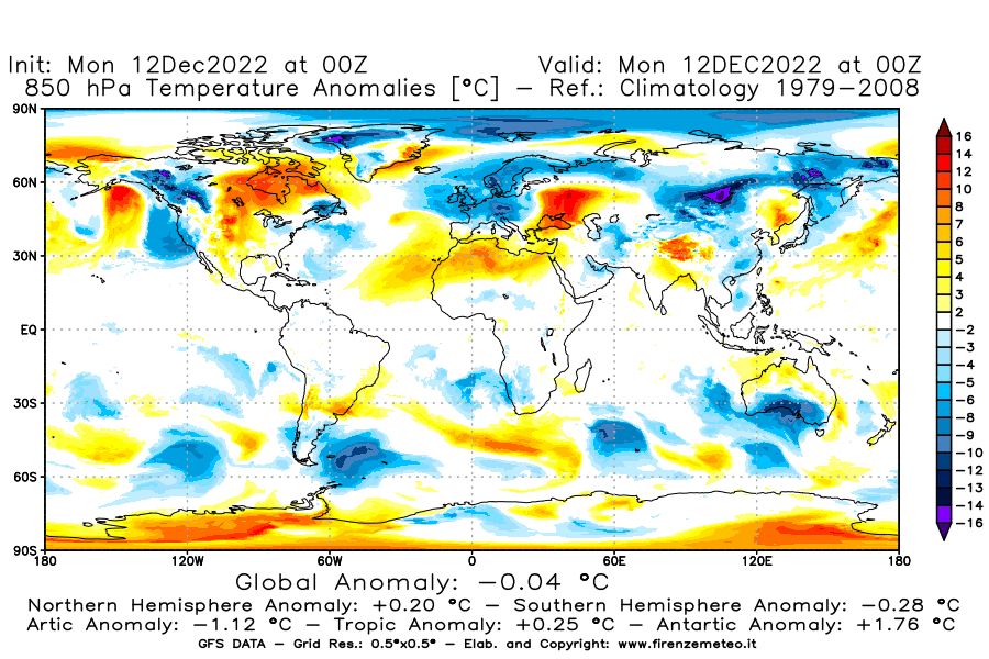 Mappa di analisi GFS - Anomalia Temperatura [°C] a 850 hPa in World
							del 12/12/2022 00 <!--googleoff: index-->UTC<!--googleon: index-->