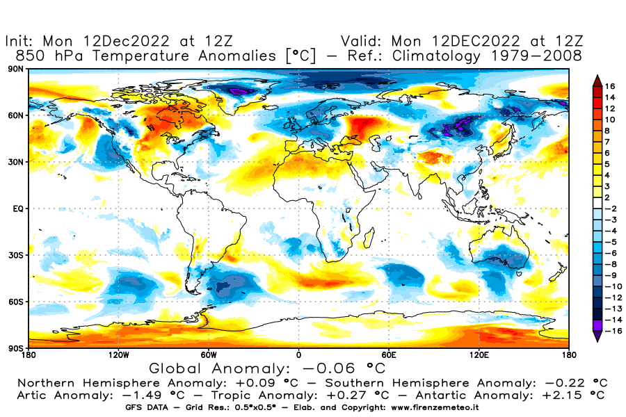Mappa di analisi GFS - Anomalia Temperatura [°C] a 850 hPa in World
							del 12/12/2022 12 <!--googleoff: index-->UTC<!--googleon: index-->