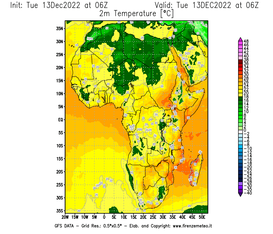 Mappa di analisi GFS - Temperatura a 2 metri dal suolo [°C] in Africa
							del 13/12/2022 06 <!--googleoff: index-->UTC<!--googleon: index-->