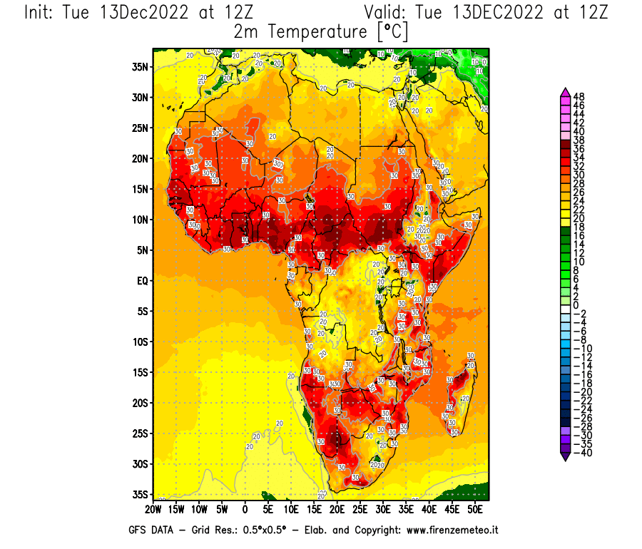 Mappa di analisi GFS - Temperatura a 2 metri dal suolo [°C] in Africa
							del 13/12/2022 12 <!--googleoff: index-->UTC<!--googleon: index-->