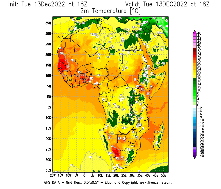 Mappa di analisi GFS - Temperatura a 2 metri dal suolo [°C] in Africa
							del 13/12/2022 18 <!--googleoff: index-->UTC<!--googleon: index-->