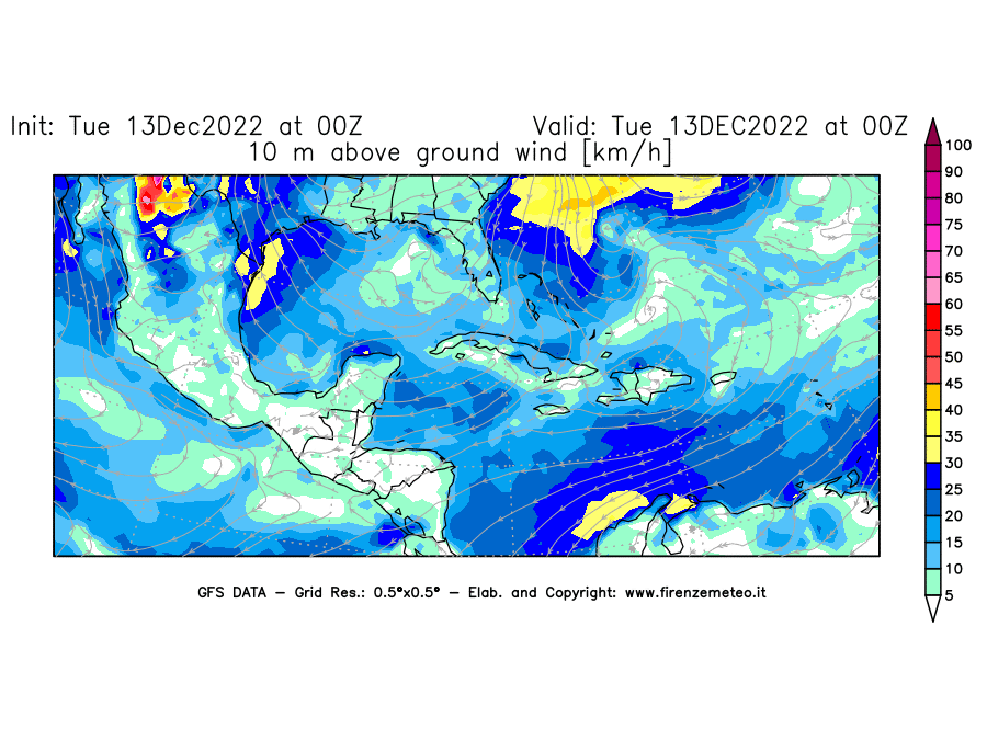 Mappa di analisi GFS - Velocità del vento a 10 metri dal suolo [km/h] in Centro-America
							del 13/12/2022 00 <!--googleoff: index-->UTC<!--googleon: index-->